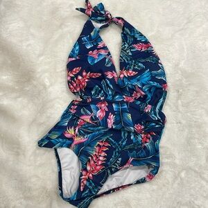 Floral Blue and Pink Halter swimsuit